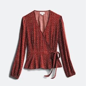 Elegant Red Wrap Blouse with Polka Dots